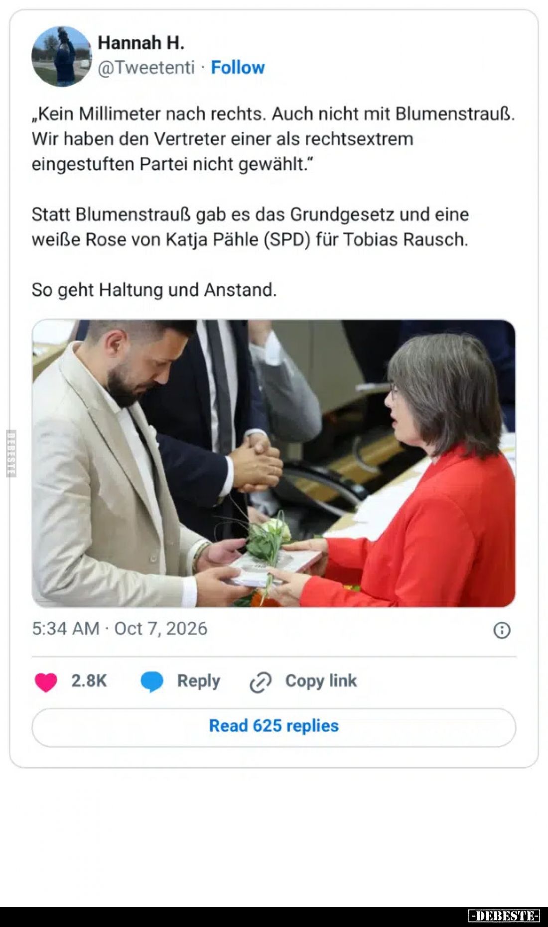 „Kein Millimeter nach rechts. Auch nicht mit Blumenstrauß. Wir haben den Vertreter einer als rechtsextrem eingestuften Partei...