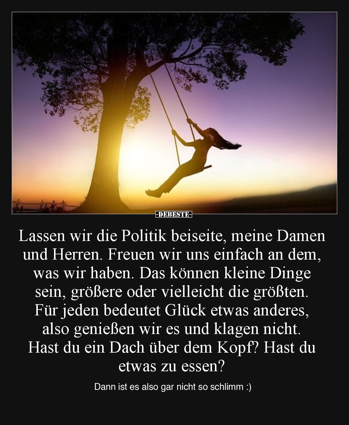 Lassen wir die Politik beiseite, meine Damen und Herren. Freuen wir uns einfach an dem, was wir haben. Das können kleine Ding...