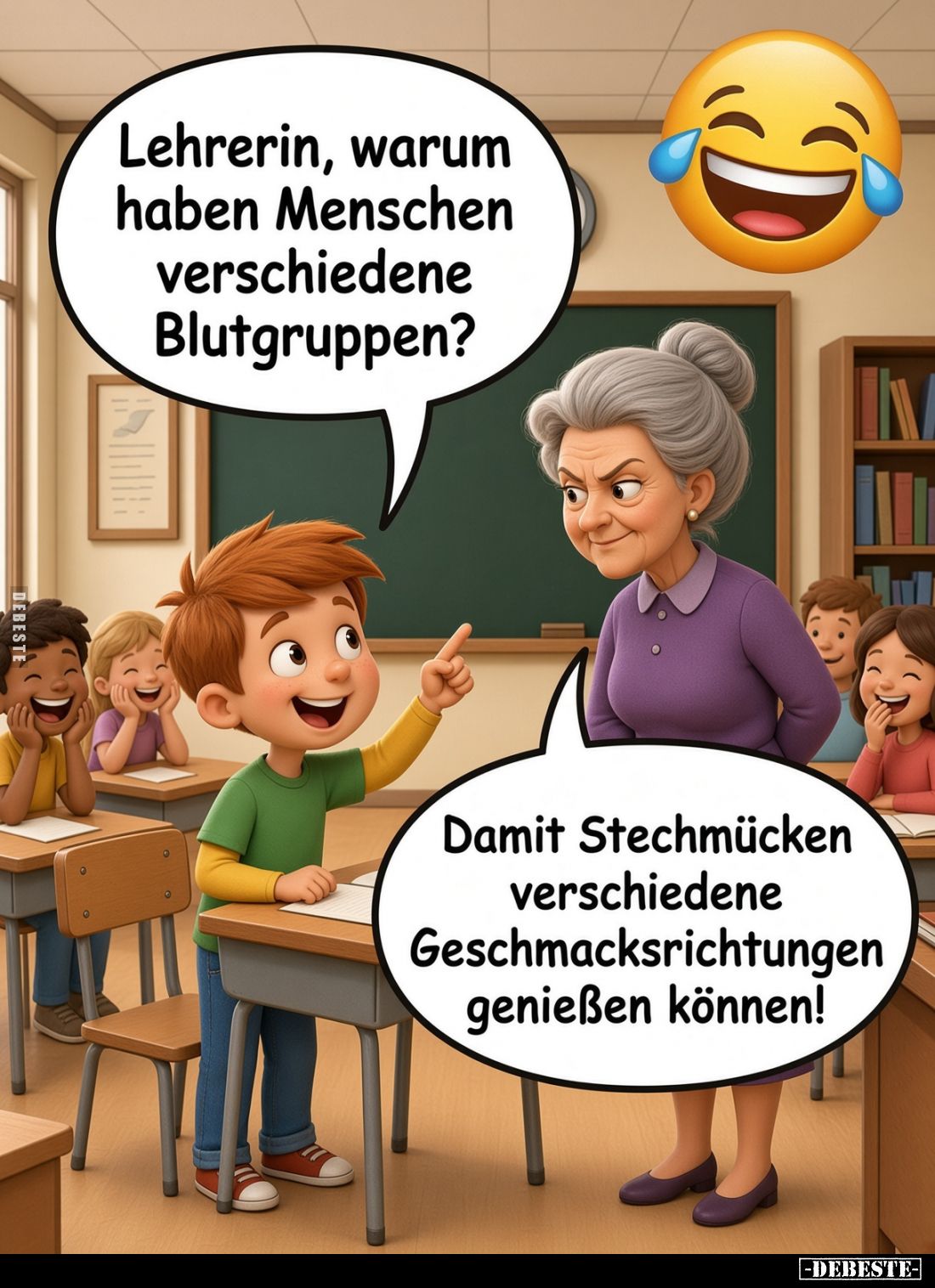 Lehrerin, warum haben Menschen verschiedene Blutgruppen?
Damit Stechmücken verschiedene Geschmacksrichtungen genießen könn...