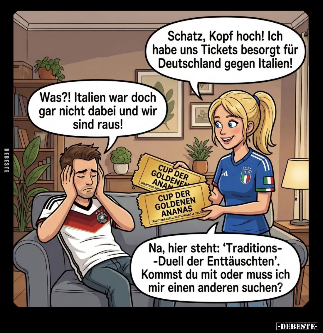 Schatz, Kopf hoch! Ich habe uns Tickets besorgt für Deutschland gegen Italien! -
Was?! Italien war doch gar nicht dabei und ...