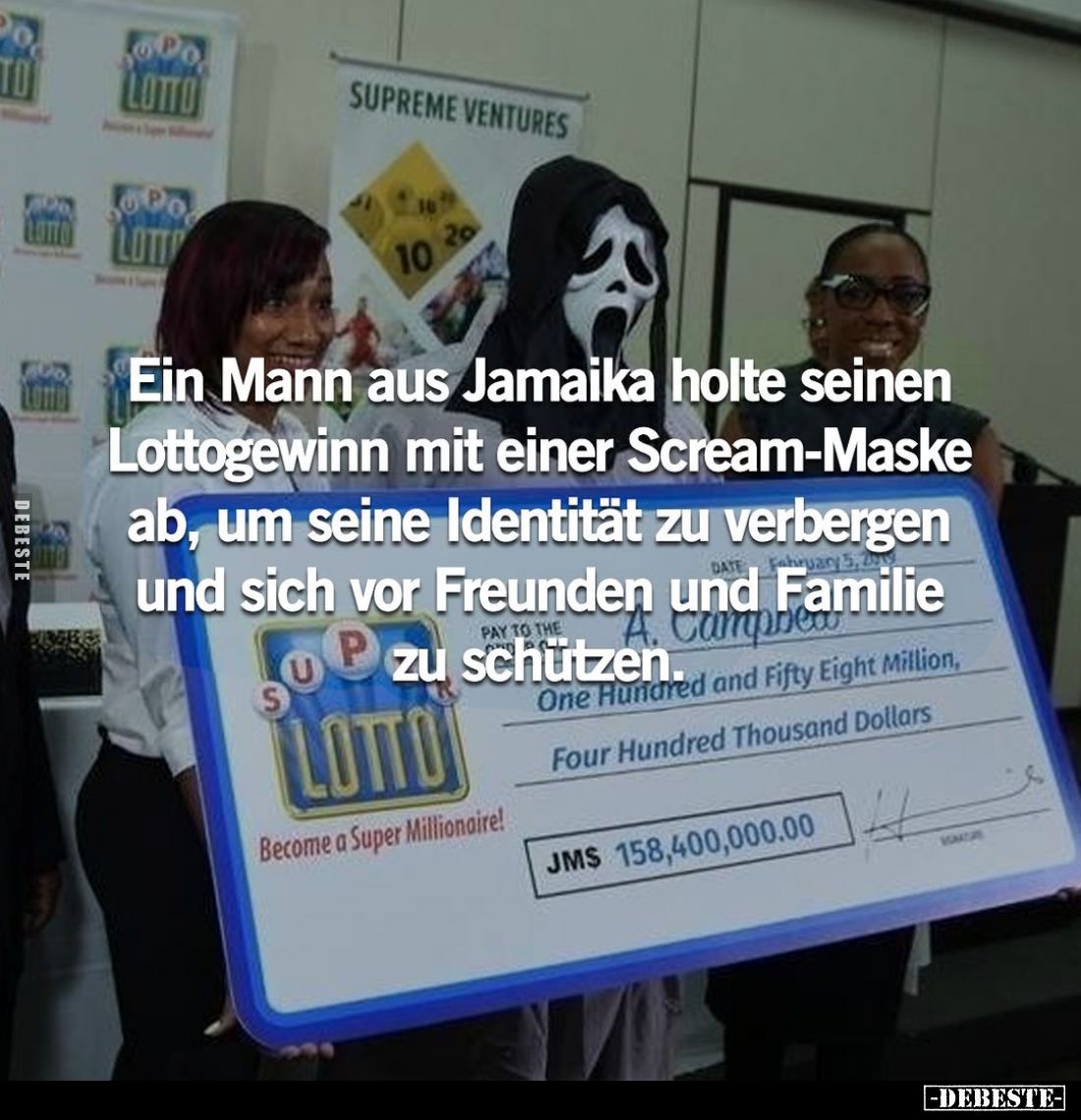 Ein Mann aus Jamaika holte seinen Lottogewinn mit einer Scream-Maske ab, um seine Identität zu verbergen und sich vor Freunde...