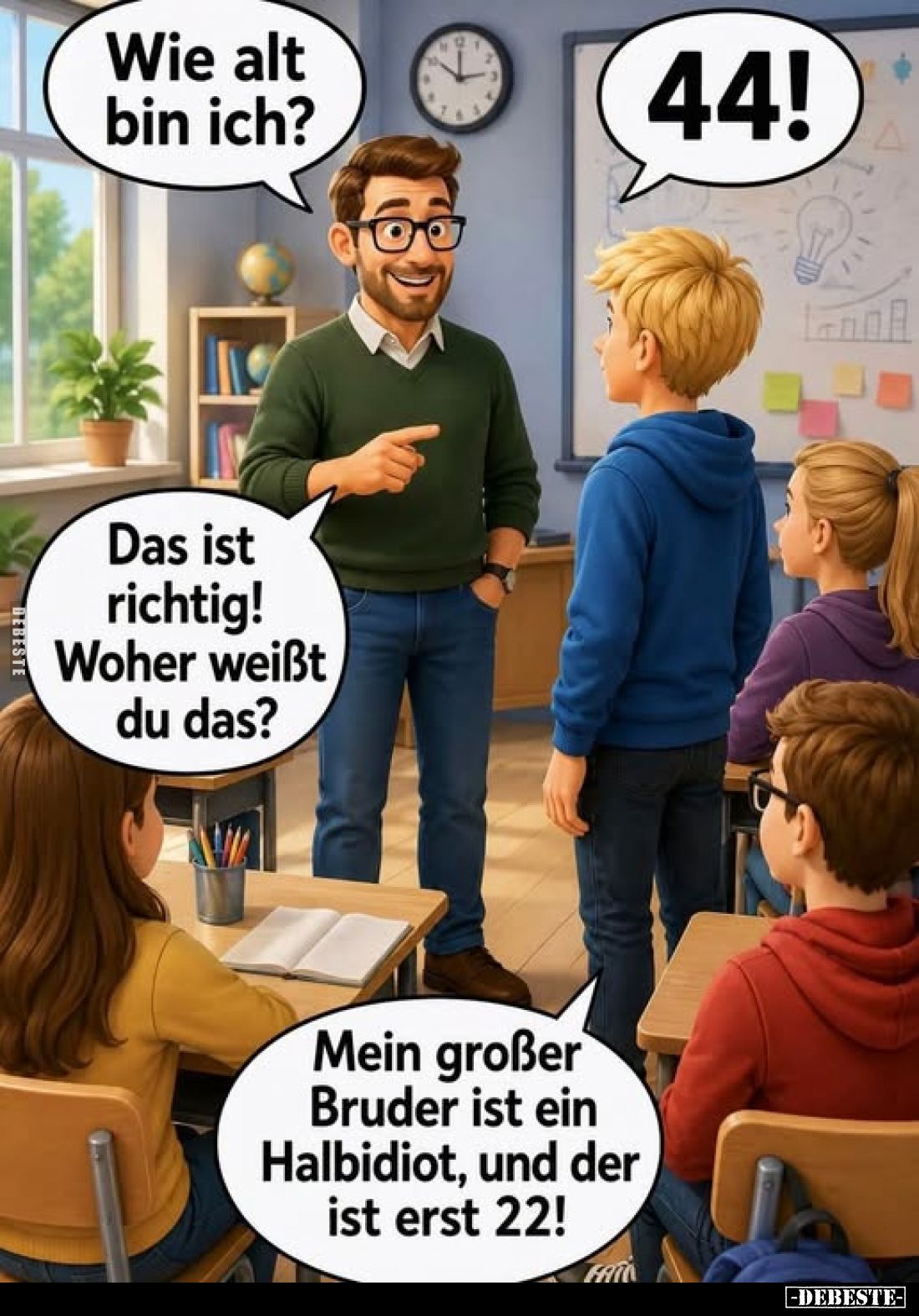 Wie alt bin ich?
-
44!
-
Das ist richtig! Woher weißt du das?
-
Mein großer Bruder ist ein Halbidiot, und der ist erst ...