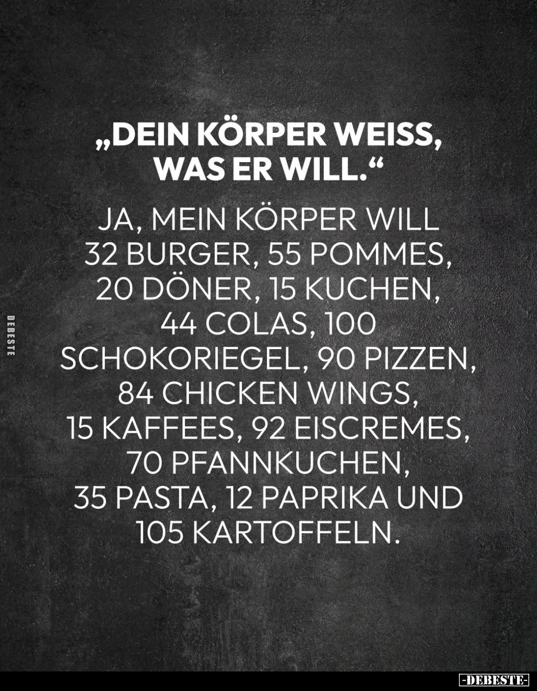 "Dein Körper weiß, was er will."
- Ja, mein Körper will 32 Burger, 55 Pommes, 20 Döner, 15 Kuchen, 44 Colas, 100 S...