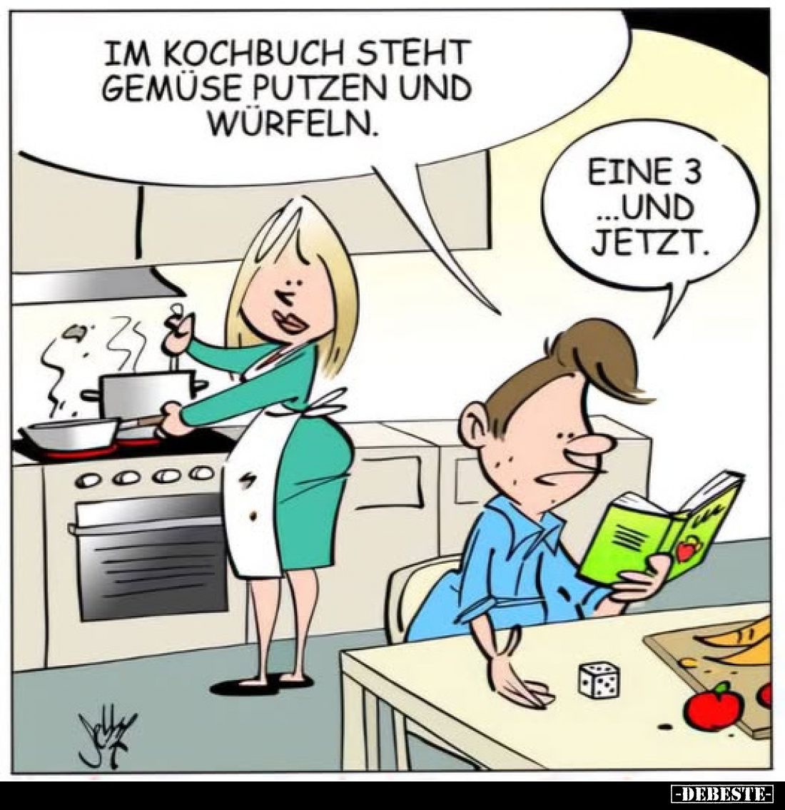 Im Kochbuch steht Gemüse putzen und würfeln.
Eine 3 ...und jetzt.