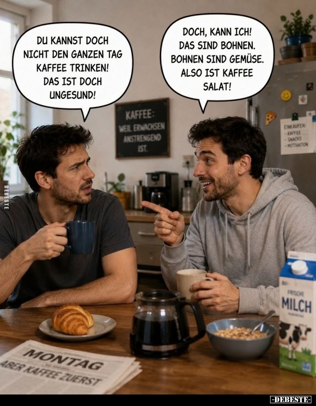 Du kannst doch nicht den ganzen Tag Kaffee trinken! Das ist doch ungesund! -
Doch, kann ich! Das sind Bohnen. Bohnen sind Ge...