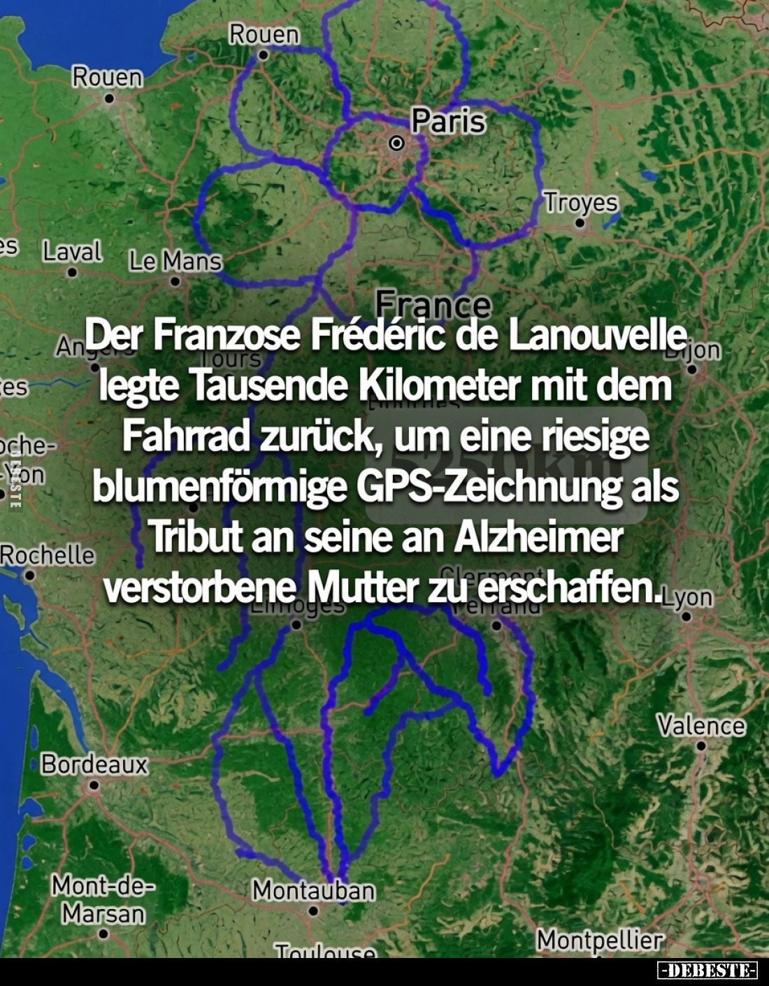 Der Franzose Frederic de Lanouvelle legte Tausende Kilometer mit dem Fahrrad zurück, um eine riesige blumenförmige GPS-Zeichn...