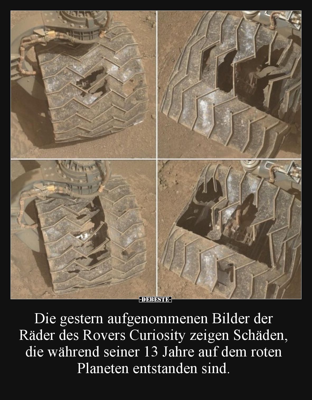 Die gestern aufgenommenen Bilder der Räder des Rovers Curiosity zeigen Schäden, die während seiner 13 Jahre auf dem roten Pla...