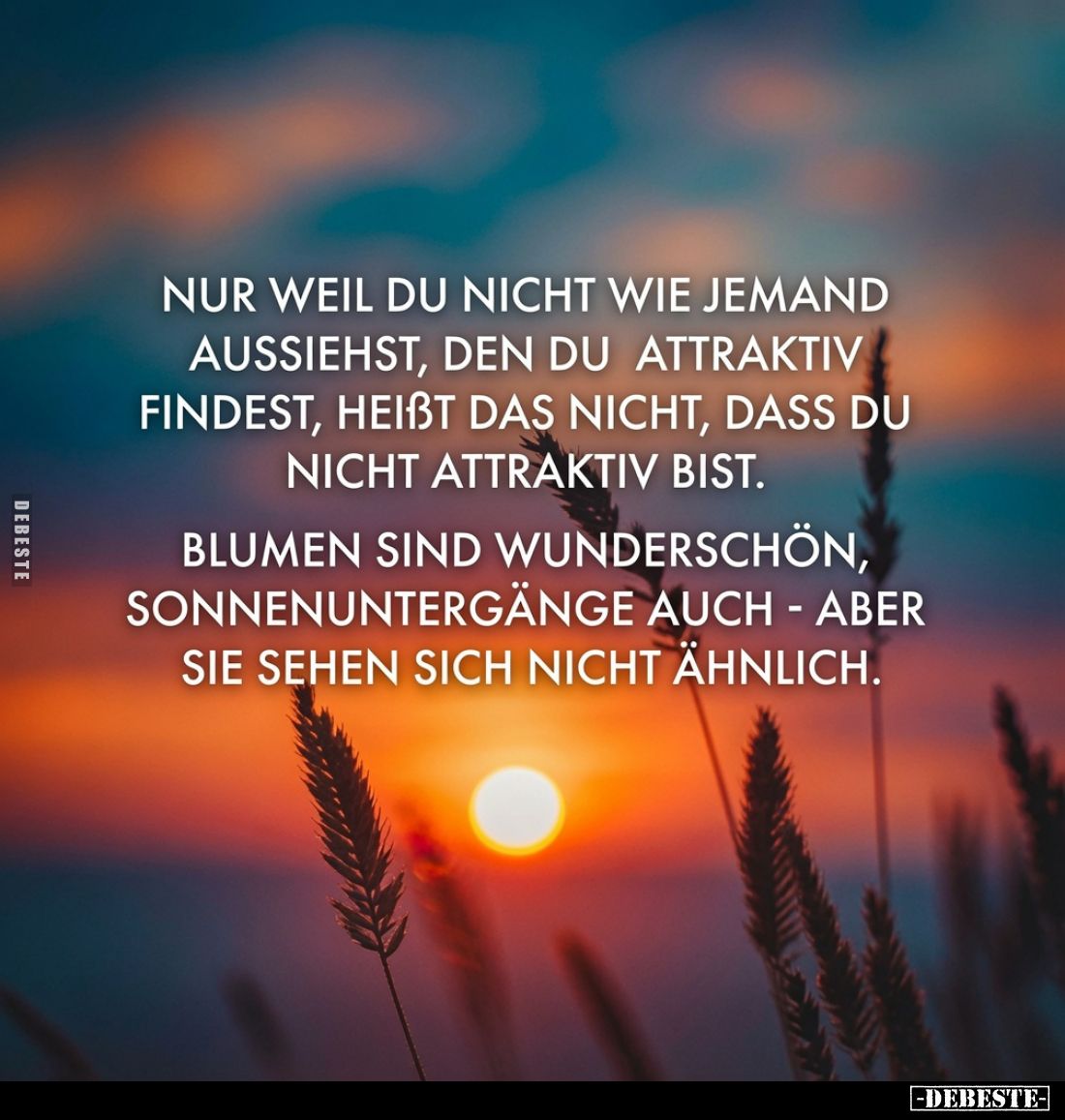 Nur weil du nicht wie jemand aussiehst, den du attraktiv findest, heißt das nicht, dass du nicht attraktiv bist.
Blumen sind...