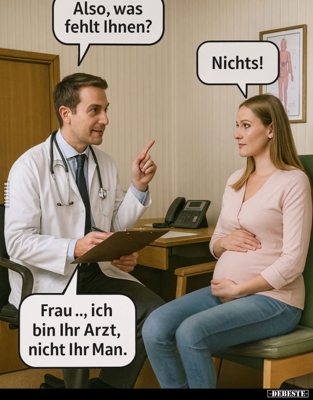 Also, was fehlt Ihnen? -
Nichts! -
Frau... ich bin Ihr Arzt, nicht Ihr Man.