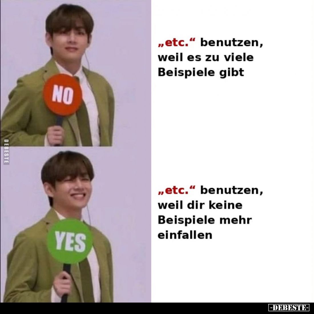 „etc.“ benutzen, weil es zu viele Beispiele gibt.
„etc.“ benutzen, weil dir keine Beispiele mehr einfallen.