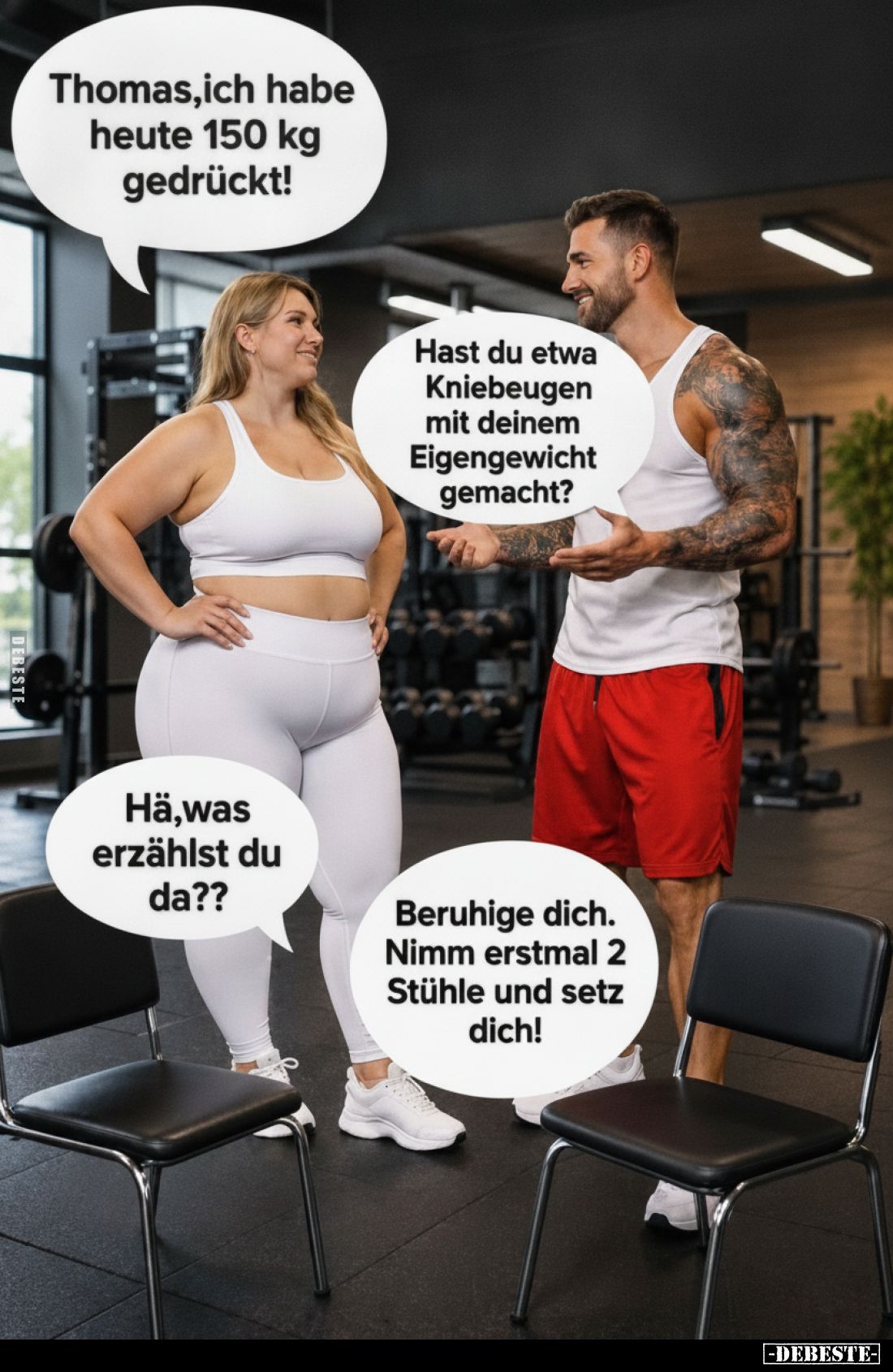 Thomas, ich habe heute 150 kg gedrückt!
Hast du etwa Kniebeugen mit deinem Eigengewicht gemacht?
Hä, was erzählst du da??...